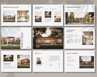 May include: A portfolio presentation showcasing architectural designs. The presentation includes images of buildings, a description of design skills, and information about the architect. The text includes the words "Portfolio", "Design Skills", "Model-Making", "About Us", "Senior Architect", "Project Overview", "Project Title", "Subtitle", "Short Description", "My Role", and "Contacts".