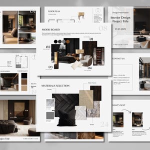 Könnte beinhalten: Präsentationslayout für ein Innenarchitekturprojekt. Die Folien umfassen Projektziele, Grundrisse, Moodboards und Materialauswahlen. Die Farbpalette ist neutral mit dunklen und hellen Tönen. Der Text enthält "Interior Design Project Title" und "01.01.2025".