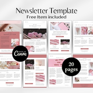 May include: A digital newsletter template in shades of pink and white, featuring 20 pages. The design includes layouts with images and text. The template is created in Canva and includes a free item.