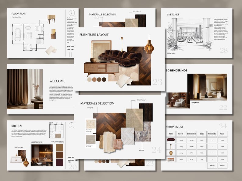 Pode incluir: Uma apresenta&ccedil;&atilde;o de design de interiores com slides. Os slides mostram plantas baixas, layouts de m&oacute;veis, sele&ccedil;&otilde;es de materiais, esbo&ccedil;os e renderiza&ccedil;&otilde;es 3D. A paleta de cores inclui marrons, beges e brancos. O texto inclui "Planta baixa", "Layout de m&oacute;veis" e "Lista de compras".