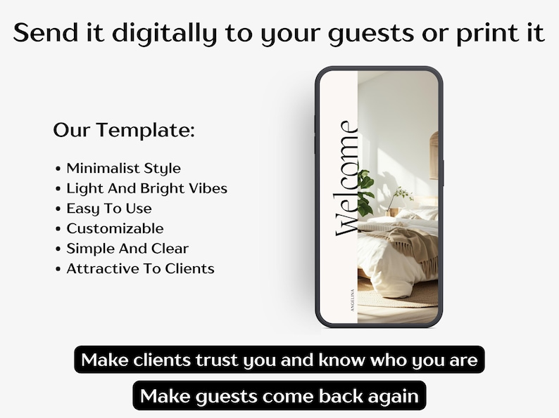 May include: A smartphone displays a minimalist welcome template with the text "Welcome." The image includes a bed with neutral-toned bedding and a plant. Text on the image reads "Send it digitally to your guests or print it."