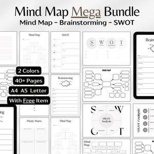 Modelo de mapa mental, imprimíveis de brainstorming, folhas de mapeamento mental, planejador digital de produtividade, planejador de brainstorming, modelo de pensamento em PDF