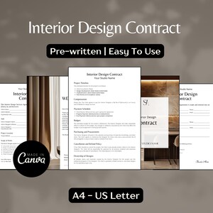 Può includere: Una raccolta di modelli di contratti di interior design. Il testo recita "Interior Design Contract" e "Pre-written | Easy To Use". I documenti sono in formato A4-US Letter e presentano il logo "Made in Canva".