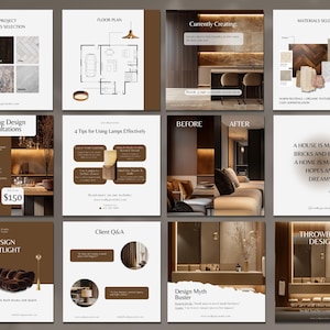 Pu&ograve; includere: Una raccolta di grafici quadrati con temi di interior design. Gli argomenti includono la selezione dei materiali, le planimetrie, le consulenze di progettazione e i design spotlight. La tavolozza dei colori &egrave; neutra con toni marroni e bianchi. Il testo include "Currently Creating" e "Before & After".