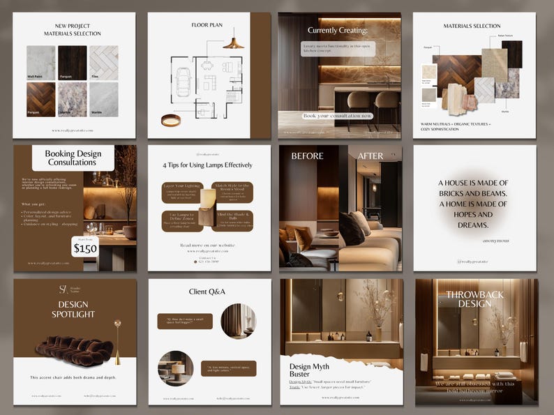 Pu&ograve; includere: Una raccolta di grafici quadrati con temi di interior design. Gli argomenti includono la selezione dei materiali, le planimetrie, le consulenze di progettazione e i design spotlight. La tavolozza dei colori &egrave; neutra con toni marroni e bianchi. Il testo include "Currently Creating" e "Before & After".