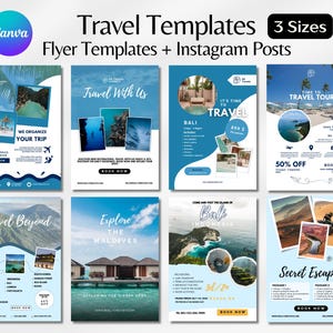 Può includere: Nove modelli di volantini di viaggio colorati con sfondi blu e bianchi. I volantini presentano immagini di destinazioni tropicali, tra cui spiagge, montagne e isole. Il testo sui volantini include frasi come "Viaggia con noi", "È ora di un tour di viaggio", "Esplora le Maldive" e "Fughe segrete".