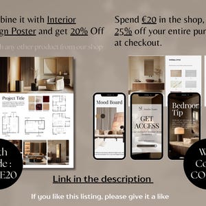 Pode incluir: Um an&uacute;ncio de produtos de design de interiores. A imagem inclui um mood board, plantas baixas e telas de telefone com dicas de design. O texto inclui "Combine it with Interior Design Poster and get 20% Off" e "With Code: CODE20".