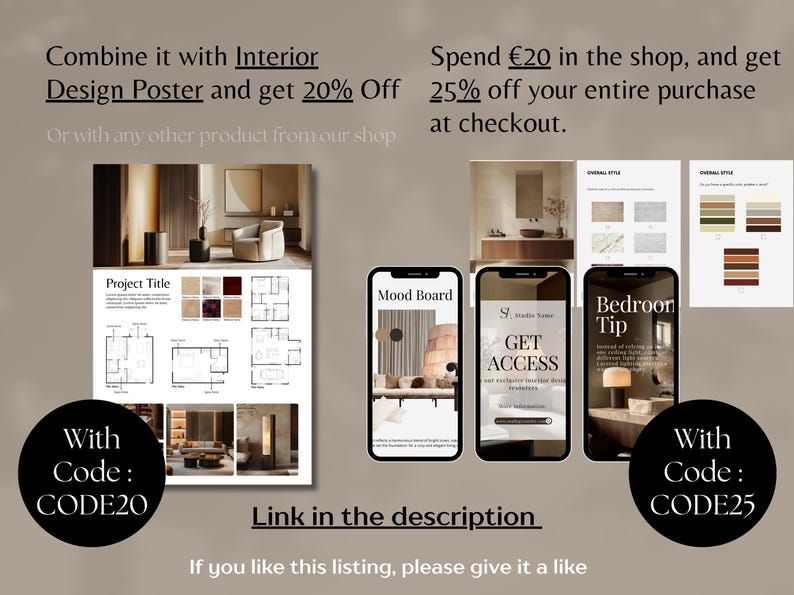 Pode incluir: Um an&uacute;ncio de produtos de design de interiores. A imagem inclui um mood board, plantas baixas e telas de telefone com dicas de design. O texto inclui "Combine it with Interior Design Poster and get 20% Off" e "With Code: CODE20".