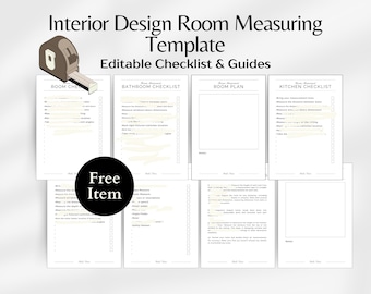 Lista de medidas del sitio de diseño de interiores, seguimiento de medidas de habitaciones, plantilla de diseño de interiores habitación por habitación, guía de información de dimensiones del hogar, plantilla de Canva