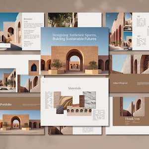 May include: A presentation layout featuring architectural designs. The slides showcase images of buildings with arched doorways and windows, with text including "Resume", "Portfolio", and "Designing Authentic Spaces, Building Sustainable Futures". The color palette is neutral with beige and brown tones.
