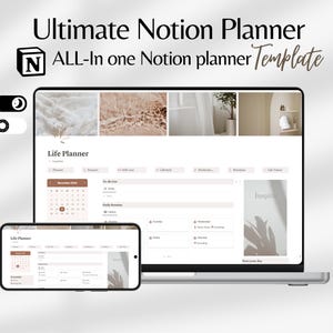 Könnte beinhalten: Ein Laptop und ein Smartphone, auf denen eine Notion-Planer-Vorlage angezeigt wird. Die Vorlage enthält einen Kalender, eine To-Do-Liste, tägliche Routinen und einen Bereich für Inspiration. Die Vorlage ist in einem minimalistischen Stil mit einer neutralen Farbpalette gestaltet.
