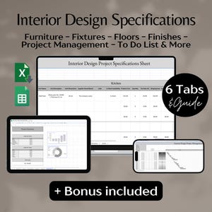 Interior Design Specification Sheet, FFE Interior Design Template, Project Management Spreadsheet, Furniture Google Sheet, Finishes Schedule