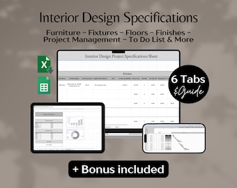 Interior Design Specification Sheet, FFE Interior Design Template, Project Management Spreadsheet, Furniture Google Sheet, Finishes Schedule