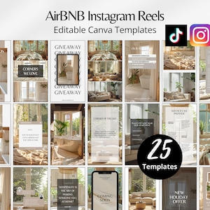 以下が含まれることがあります： Airbnb Instagram Reelsの25個のテンプレートのコレクション。テンプレートは、インテリアデザインの写真に「Giveaway」、「Corners We Love」、「New Holiday Offer」などのテキストオーバーレイを表示しています。TikTokとInstagramのロゴも表示されています。