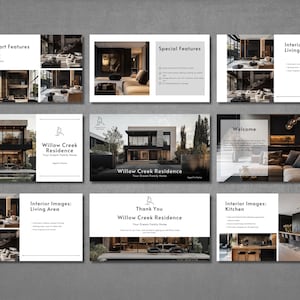 May include: A presentation with multiple slides showcasing modern home interior design. The slides feature text like "Green & Smart Features," "Special Features," and "Interior Images." The presentation includes images of living areas and kitchens.