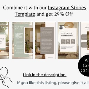 May include: A promotional image showcasing Instagram Stories templates. The image features several mockups with text and design elements. Text includes "Combine it with our Instagram Stories Template and get 25% Off" and "With Code: CODE25". A hand with a heart icon is also present.