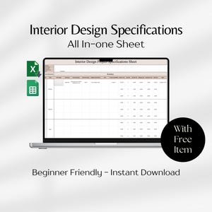 Modèle Excel de spécifications de design d'intérieur Google Sheets ; feuille de calcul de gestion de projet de design d'intérieur FFE ; outil de suivi du budget de rénovation de maison