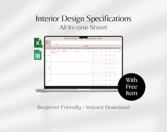 Interior Design Specification Google Sheets Excel Template FFE Interior Design Project Management Spreadsheet Home Renovation Budget Tracker