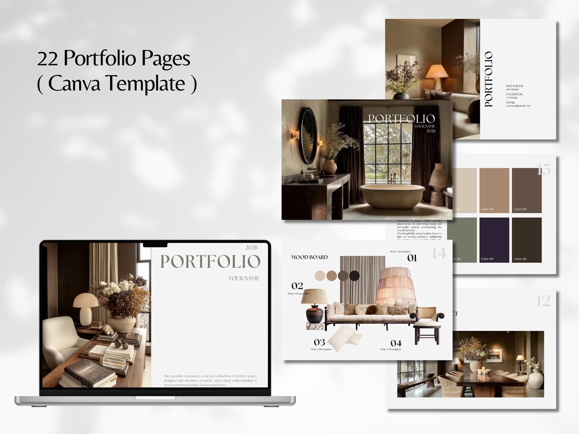 Interior Design Portfolio Vorlage Canva, erdige Interior Design Vorlage ...