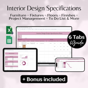 Interior Design Specification Template, Project Budget Google Sheet, Interior Design Template, Project Tracker, Home Project To-Do List
