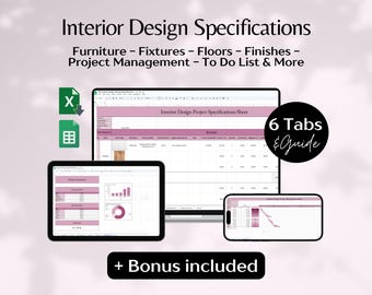Interior Design Specification Template, Project Budget Google Sheet, Interior Design Template, Project Tracker, Home Project To-Do List