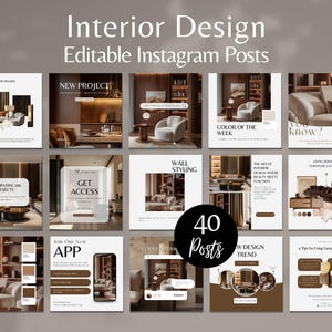 Puede incluir: Un conjunto de 40 publicaciones de Instagram editables para diseño de interiores, con varios temas de diseño. Las publicaciones muestran diseños de salas de estar, paletas de colores y consejos de diseño, con superposiciones de texto como "Nuevo proyecto" y "Color de la semana."