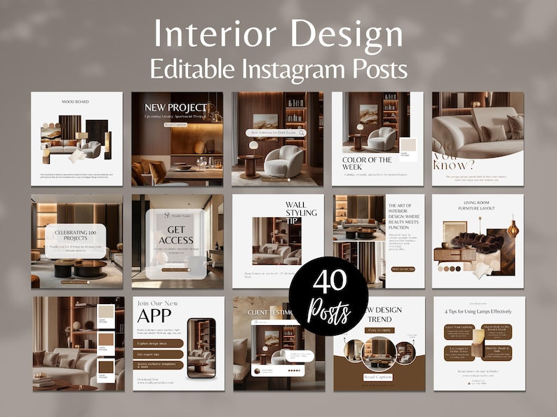 Pu&ograve; includere: Una raccolta di 40 post Instagram modificabili per l'interior design, con vari temi di design. I post mostrano layout di soggiorno, palette di colori e consigli di design, con sovrapposizioni di testo come "Nuovo progetto" e "Colore della settimana."