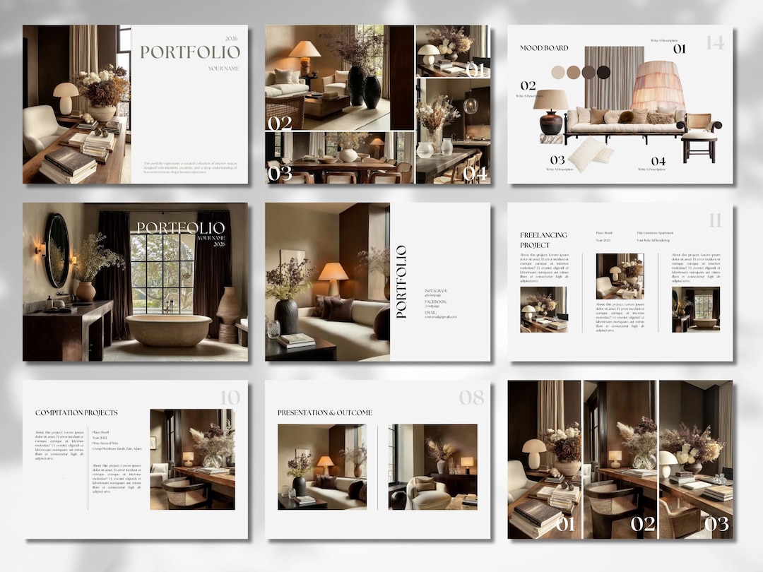 Interior Design Portfolio Template Canva, Earthy Interior Design ...