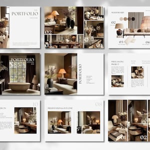 Könnte beinhalten: Ein Portfolio-Layout mit Innenarchitektur-Bildern. Die Seiten zeigen Wohnzimmer- und Badezimmerszenen mit Lampen, Vasen und Möbeln. Der Text enthält "Portfolio" und "Freelancing Project". Die Farbpalette ist neutral mit warmen Tönen.