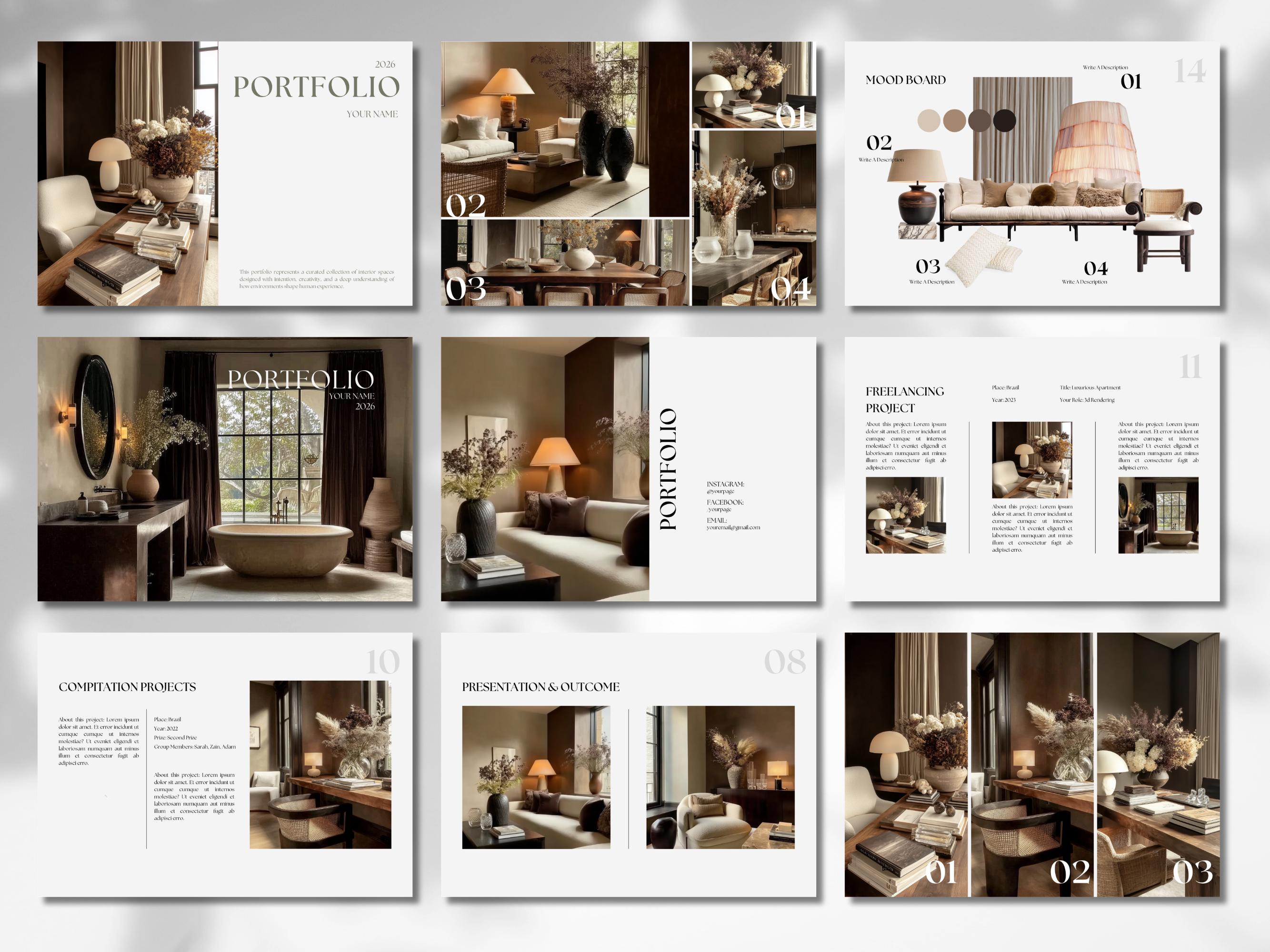 Interior Design Portfolio Template Canva, Earthy Interior Design Template, Interior Mood Board, Architecture Presentation, Designer Resume