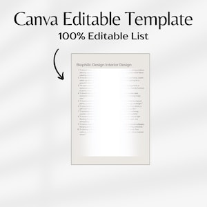 May include: A Canva editable template with the title "Biophilic Design Interior Design" and a list of 19 design elements.