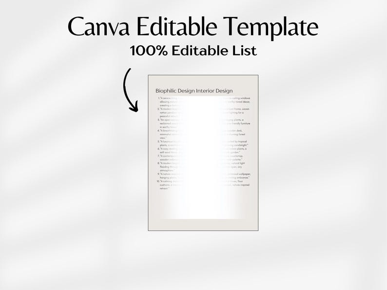 May include: A Canva editable template with the title "Biophilic Design Interior Design" and a list of 19 design elements.