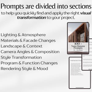 May include: Image features a list of prompts for architectural projects, including lighting, materials, and style. The text "Prompts are divided into sections" and "100+ Nano Banana Prompts For Architects" are visible. Three digital tablets are shown.