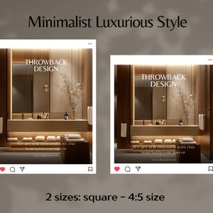 Pu&ograve; includere: Due immagini di un design minimalista per il bagno con specchio, lavabo ed elementi decorativi. Il testo "THROWBACK DESIGN" &egrave; visibile. Le immagini sono in formato quadrato e 4:5.