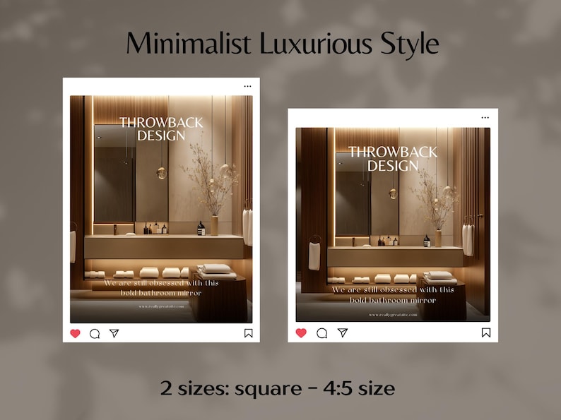 Pu&ograve; includere: Due immagini di un design minimalista per il bagno con specchio, lavabo ed elementi decorativi. Il testo "THROWBACK DESIGN" &egrave; visibile. Le immagini sono in formato quadrato e 4:5.