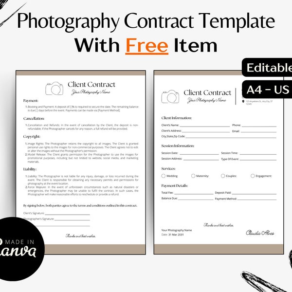 Modèle de contrat de photographie Contrat client photographe Détails de la séance photo Conditions de responsabilité Conditions de droits d'auteur Contrat Canvas modifiable