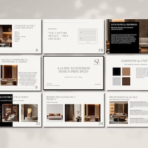 Peut inclure: Une série de diapositives de présentation de design d'intérieur avec du texte et des images. Les sujets incluent les principes de base, l'équilibre, l'harmonie et la proportion. Les diapositives comportent du texte tel que "Un guide des principes de design d'intérieur" et "On ne peut pas mélanger les métaux - vrai ou faux ?"