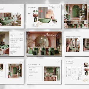 Peut inclure: Présentation de projets de design d'intérieur. Les diapositives présentent des images de salons modernes avec des canapés verts, des accents roses et des détails architecturaux. Le texte comprend "Projet de fin d'études" et "Portfolio".