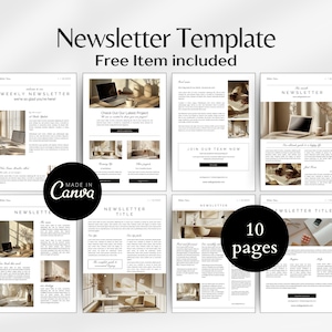 Puede incluir: Una plantilla de boletín de 10 páginas, con un diseño minimalista y una paleta de colores neutros. La plantilla incluye imágenes de una computadora portátil, una taza de café y plantas. El texto "Weekly Newsletter" y "Check Out Our Latest Project" es visible en la plantilla.
