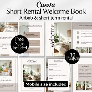 Puede incluir: Una plantilla digital de Canva para un libro de bienvenida de alquiler a corto plazo. El diseño incluye páginas con guías de bienvenida, instrucciones para electrodomésticos, reglas de la casa e instrucciones de registro. El libro tiene 30 páginas e incluye letreros gratuitos y tamaño móvil.