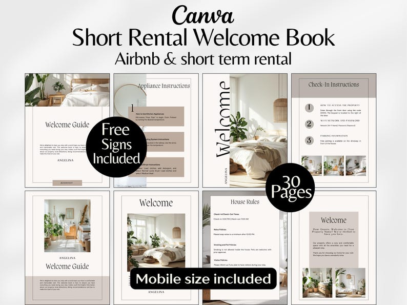 May include: A digital Canva template for a short-term rental welcome book. The design includes pages with welcome guides, appliance instructions, house rules, and check-in instructions. The book is 30 pages and includes free signs and mobile size.