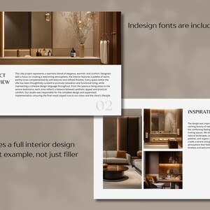 Pode incluir: Apresenta&ccedil;&atilde;o de um projeto de design de interiores com os textos "Project Overview" e "Inspirations". A imagem mostra um design de casa de banho e sala de estar com tons neutros. O texto inclui detalhes sobre o processo de design e as caracter&iacute;sticas.