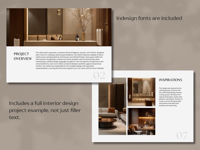 Pode incluir: Apresenta&ccedil;&atilde;o de um projeto de design de interiores com os textos "Project Overview" e "Inspirations". A imagem mostra um design de casa de banho e sala de estar com tons neutros. O texto inclui detalhes sobre o processo de design e as caracter&iacute;sticas.
