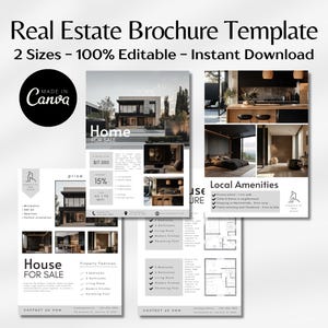 Peut inclure: Modèle de brochure immobilière avec le texte "Real Estate Brochure Template" et "2 Sizes - 100% Editable - Instant Download". La brochure comprend des images de maisons et des caractéristiques de propriété. Le logo Canva est visible.