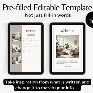 May include: Two digital tablets displaying a template with the text "Pre-filled Editable Template". One tablet shows a "Departure Checklist" and the other says "Welcome". The image also includes the text "Take inspiration from what is written and change it to match your info".