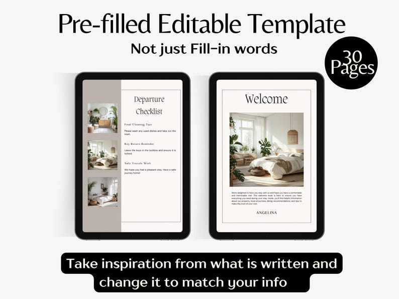 May include: Two digital tablets displaying a template with the text "Pre-filled Editable Template". One tablet shows a "Departure Checklist" and the other says "Welcome". The image also includes the text "Take inspiration from what is written and change it to match your info".