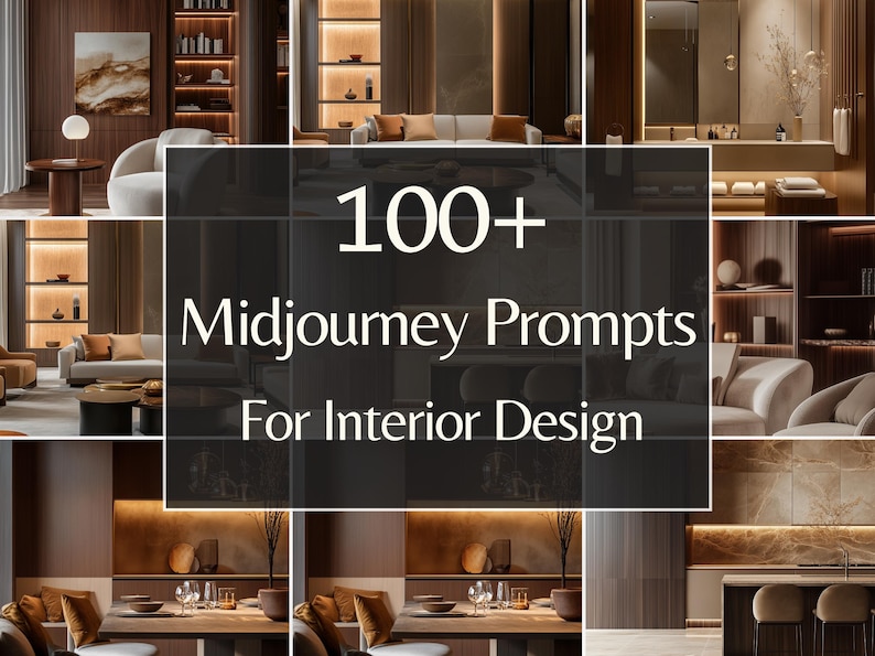 May include: A collage of images showcasing various interior design styles, with a text overlay that reads "100+ Midjourney Prompts For Interior Design".