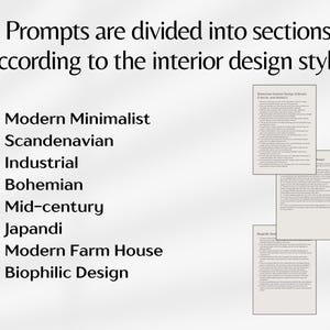 May include: A list of interior design styles, including Modern Minimalist, Scandinavian, Industrial, Bohemian, Mid-century, Japandi, Modern Farm House, and Biophilic Design.
