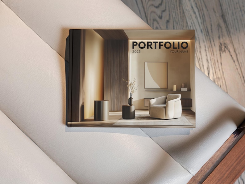 Puede incluir: Una portada de portafolio con la palabra "PORTFOLIO" en letras negras en negrita, el a&ntilde;o "2025" y espacio para un nombre. La portada muestra una escena de dise&ntilde;o de interiores minimalista con una paleta de colores neutros.