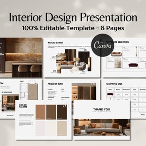 Interior Design Presentation Template, Interior Design Project Proposal, Furniture Board, Mood Board Canva, Material Finishes, Color Palette